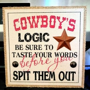 Cowboy's Logic Shelf Sitter with Star. Burlap Trim. 8"x 8"
